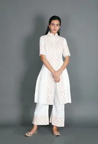 White Kurta With Mustard Kantha Embroidery image 1