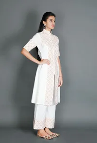 White Kurta With Mustard Kantha Embroidery image 2