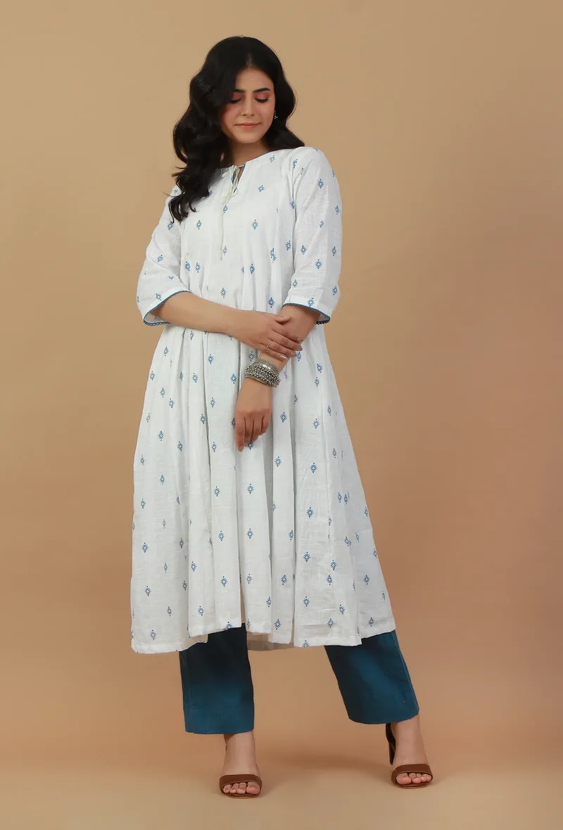 Set of 2: White & Blue Handblock Printed Cotton Kurta with Solid Pants