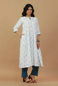 Set of 2: White & Blue Handblock Printed Cotton Kurta with Solid Pants image 2
