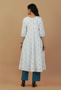 Set of 2: White & Blue Handblock Printed Cotton Kurta with Solid Pants image 3