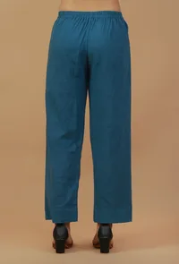 Set of 2: White & Blue Handblock Printed Cotton Kurta with Solid Pants image 6