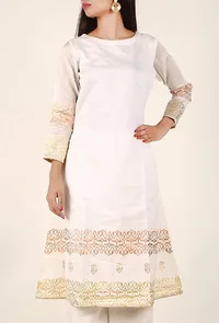 Off White Gold Foil Print Chanderi Kurta image 1