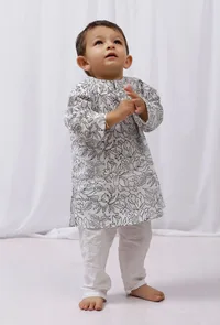 Set of 2: Black Hand Block Printed Cotton Kurta and White Pajama Set image 1