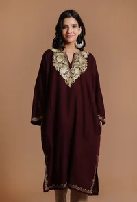 Dark Sienna Aari Embroidered Kashmiri Phiran-Free Size image 1
