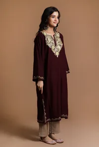 Dark Sienna Aari Embroidered Kashmiri Phiran-Free Size image 2