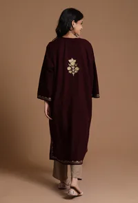 Dark Sienna Aari Embroidered Kashmiri Phiran-Free Size image 4