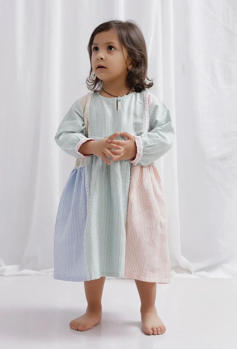 Green Color Blocked Cotton Striped Flare Dress