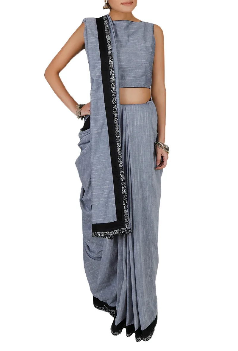 Grey Block Printed Ruffled Chambray Saree With Blouse