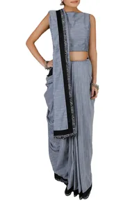 Grey Block Printed Ruffled Chambray Saree With Blouse image 1