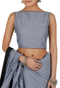 Grey Block Printed Ruffled Chambray Saree With Blouse image 2