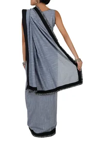 Grey Block Printed Ruffled Chambray Saree With Blouse image 3