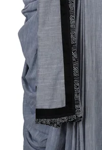 Grey Block Printed Ruffled Chambray Saree With Blouse image 4