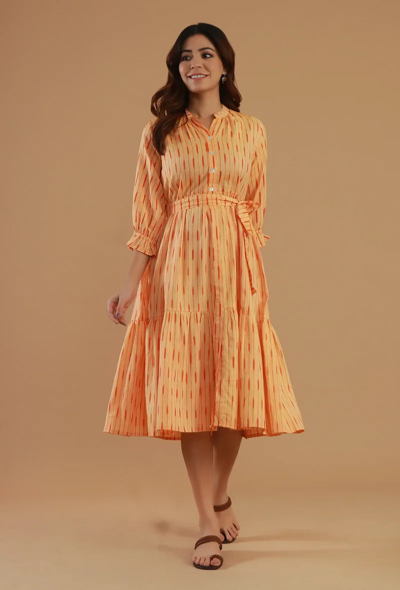 Peach Ikat Cotton Tiered Shirt Dress