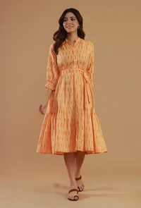 Peach Ikat Cotton Tiered Shirt Dress image 1