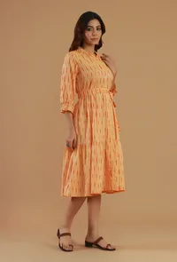 Peach Ikat Cotton Tiered Shirt Dress image 3