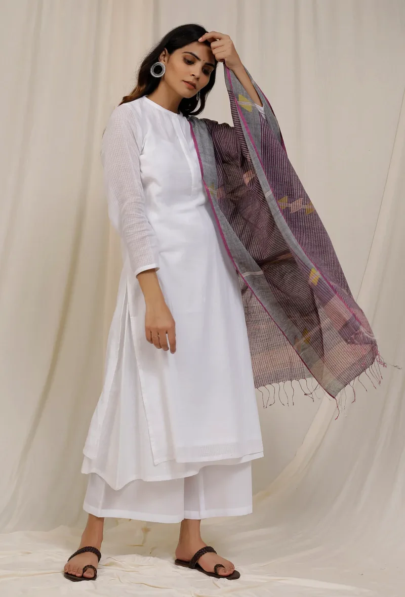 Purple Grey Handloom Cotton Jamdani stole