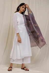 Purple Grey Handloom Cotton Jamdani stole image 1