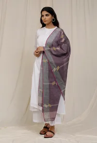 Purple Grey Handloom Cotton Jamdani stole image 2