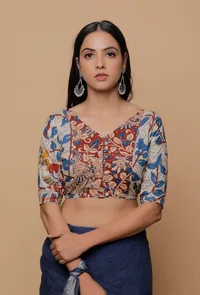 White And Red Kalamkari Panelled Back Tie Up Blouse image 1