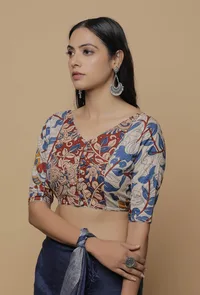 White And Red Kalamkari Panelled Back Tie Up Blouse image 3