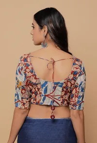 White And Red Kalamkari Panelled Back Tie Up Blouse image 4