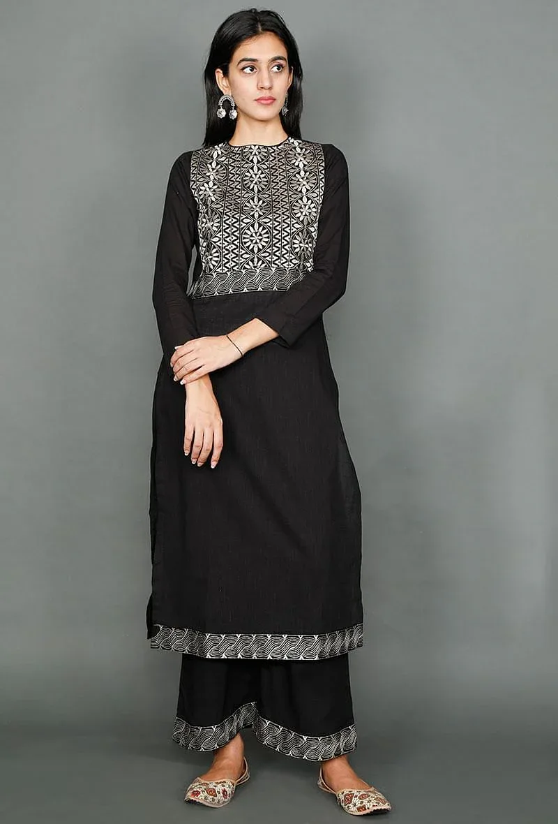 Black Kurta With Floral Kantha Embroidery
