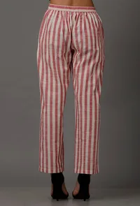 Peach  Red and White Stripes Pure Woven Cotton Pants image 3