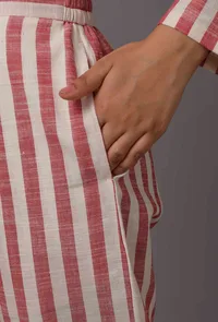 Peach  Red and White Stripes Pure Woven Cotton Pants image 4