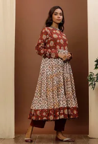 Rust Red & White Kalamkari Flared Cotton Kurta image 1