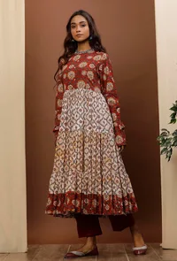 Rust Red & White Kalamkari Flared Cotton Kurta image 2