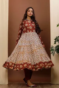 Rust Red & White Kalamkari Flared Cotton Kurta image 3