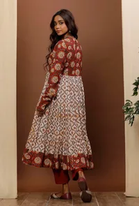 Rust Red & White Kalamkari Flared Cotton Kurta image 4