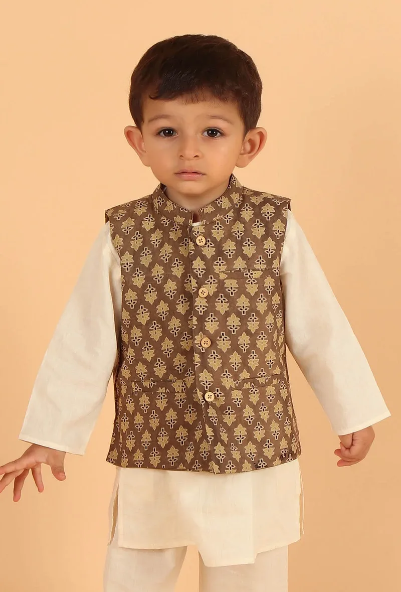 Amay Khaki Ajrakh Print Cotton Nehru Jacket