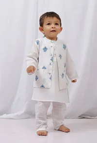 Set of 3: White Cotton Kurta and Pajama with Blue Block Printed Nehru Jacket image 1