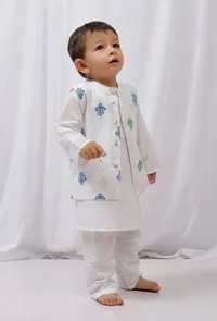 Set of 3: White Cotton Kurta and Pajama with Blue Block Printed Nehru Jacket image 2