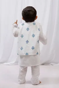 Set of 3: White Cotton Kurta and Pajama with Blue Block Printed Nehru Jacket image 3