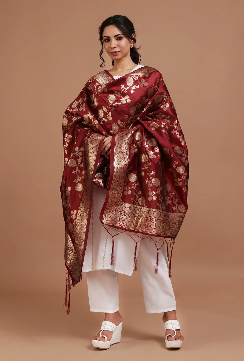 Maroon Color Semi Silk Dupatta With Zari Weaving