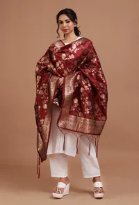 Maroon Color Semi Silk Dupatta With Zari Weaving image 1