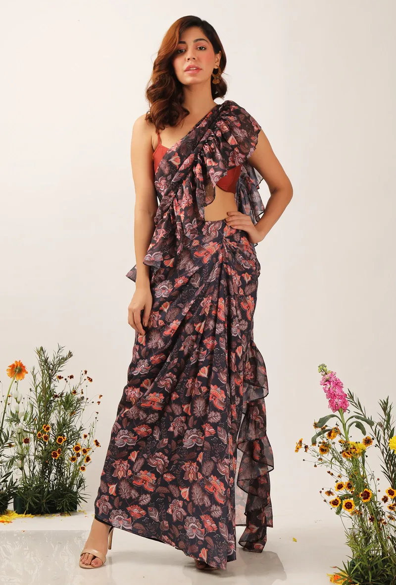 Zoon Floral Chintz Ruffled Pre Draped Sari With Rust Strappy Blouse