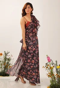 Zoon Floral Chintz Ruffled Pre Draped Sari With Rust Strappy Blouse image 2