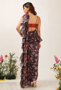 Zoon Floral Chintz Ruffled Pre Draped Sari With Rust Strappy Blouse image 3