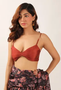 Zoon Floral Chintz Ruffled Pre Draped Sari With Rust Strappy Blouse image 4