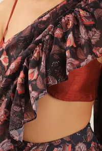Zoon Floral Chintz Ruffled Pre Draped Sari With Rust Strappy Blouse image 6