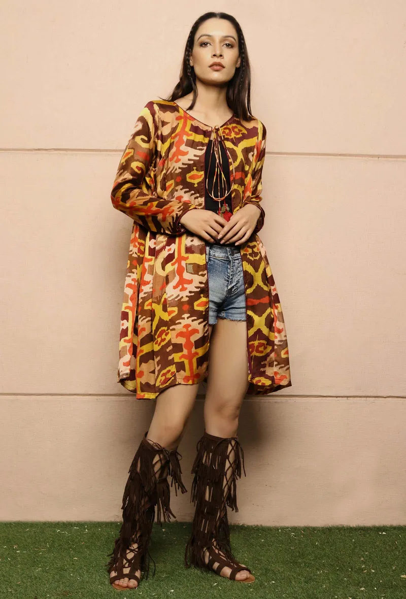 Mustard And Brown Uzbeki Ikat Printed Modal Silk Cape