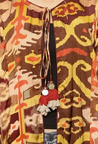 Mustard And Brown Uzbeki Ikat Printed Modal Silk Cape image 3