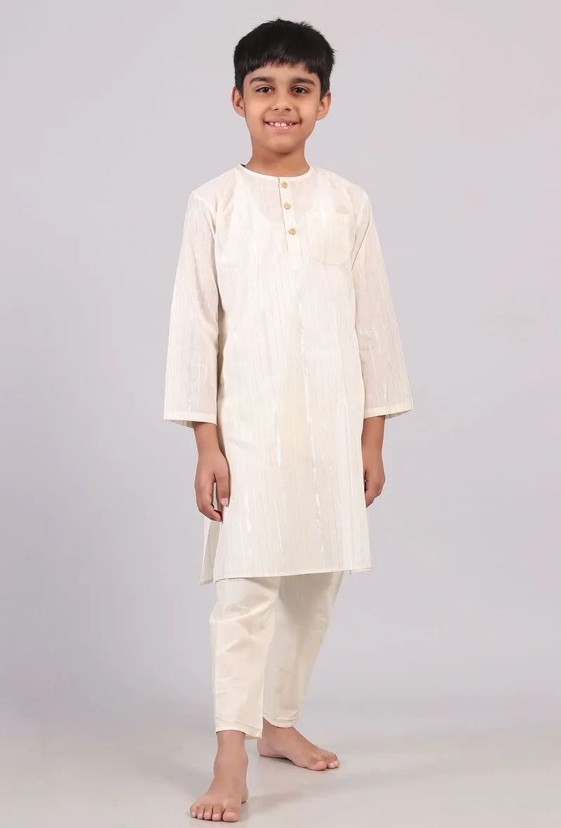 Set Of 2: White Silver Cotton Stripes Kurta Pyjama Set