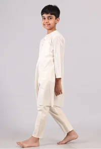 Set Of 2: White Silver Cotton Stripes Kurta Pyjama Set image 3