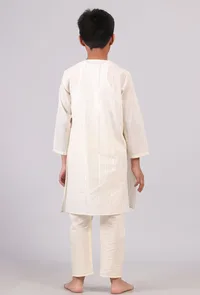 Set Of 2: White Silver Cotton Stripes Kurta Pyjama Set image 4