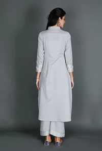 Light Blue Kurta With Kantha Embroidered Yoke image 3